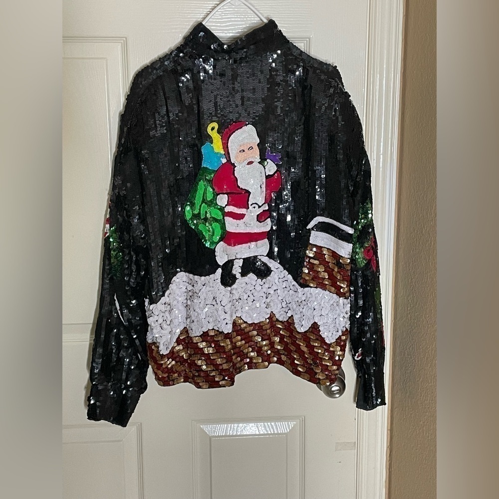 Vintage  Christmas Bomber Jacket Med  Silk Sequined All Over Party‌‌ - Picture 8 of 11